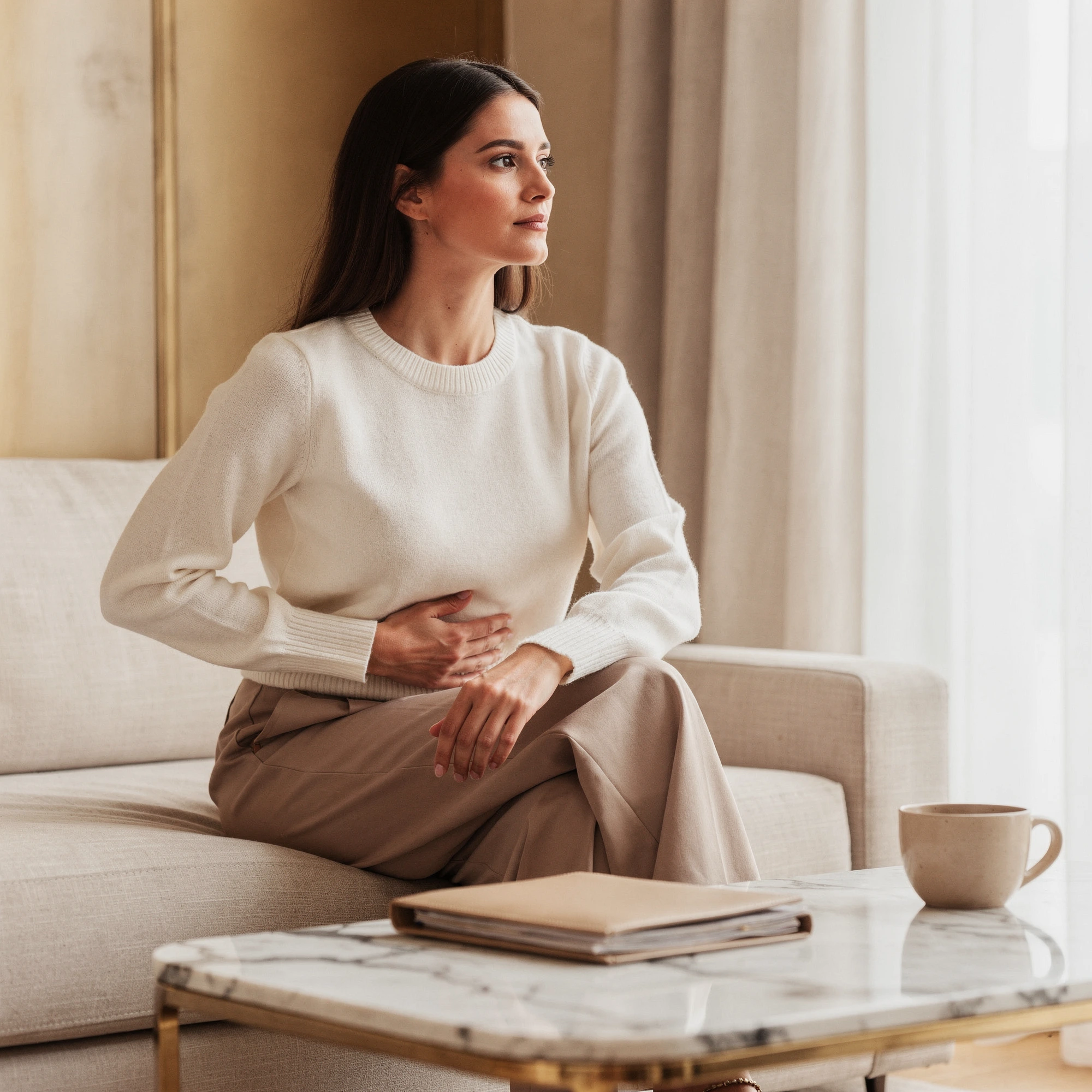 Woman sitting on a couch considering breast implant removal options